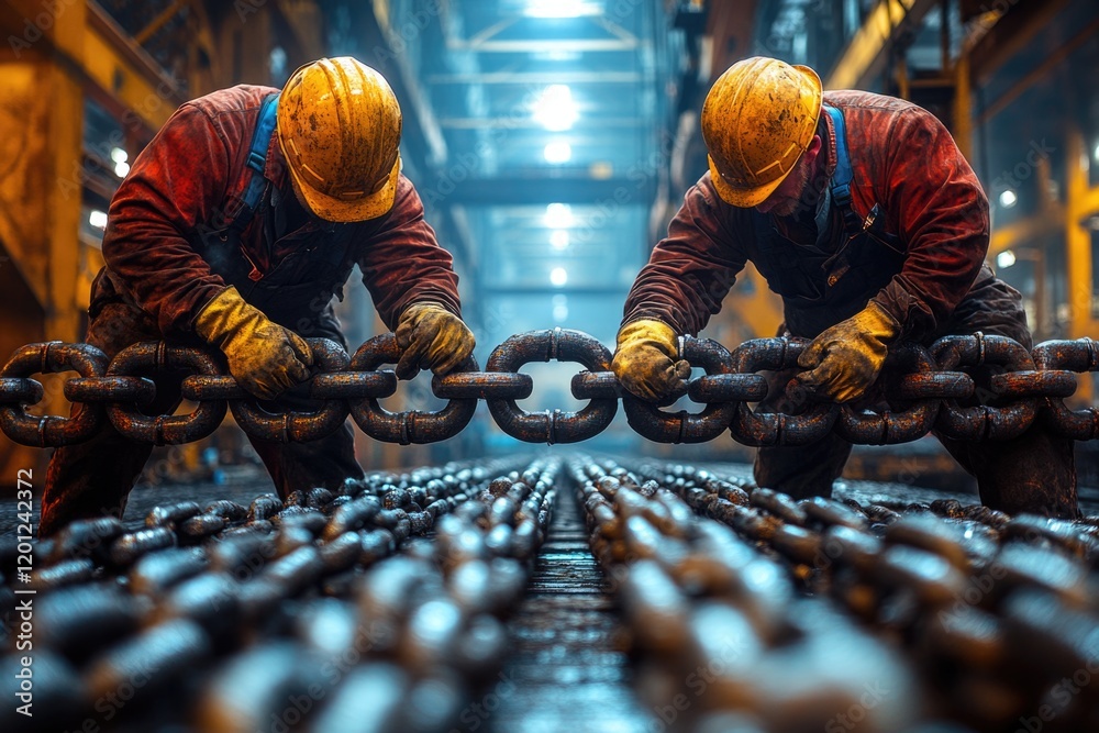 Poster two workers constructing or repairing a heavy chain in a industrial setting