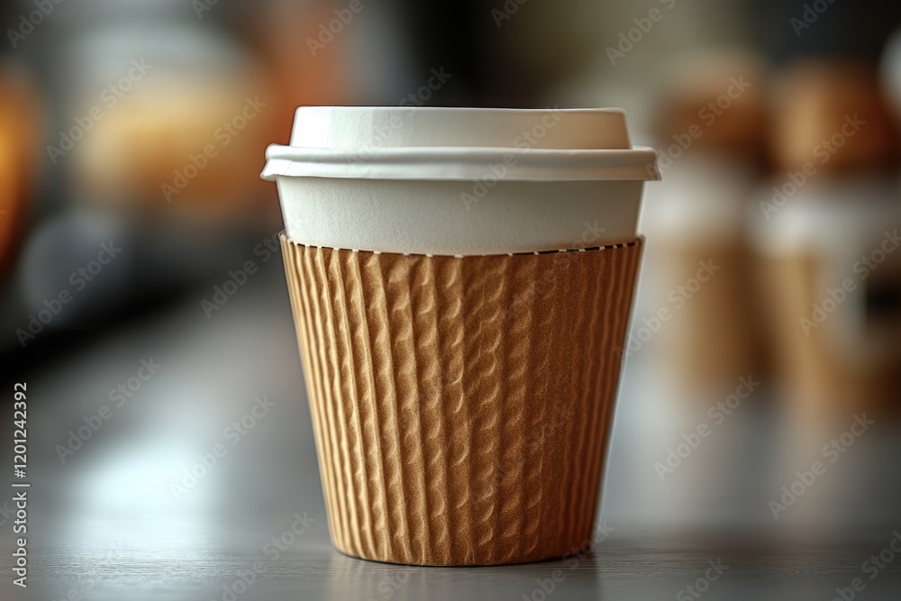 Poster a single coffee cup sitting on a table with a simple background