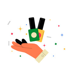 Hand Holding Nail Polish Bottles In Flat Vector Illustration Symbolizing Beauty, Nail Care, And Cosmetics, Isolated On White Background