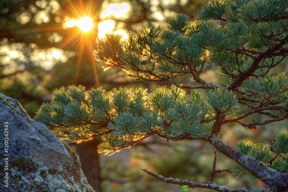 Poster a pine tree's branches cast a silhouette against the sun, ideal for use in designs related to nature