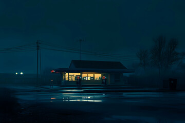 Quiet gas station illuminated at night under a dark sky