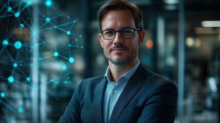 A professional man in a suit stands confidently, with a futuristic digital overlay suggesting technology and innovation in a modern office setting.