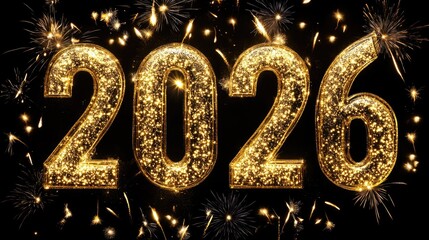 Golden 2026 sparkling new year celebration with fireworks. Happy New Year 2026
