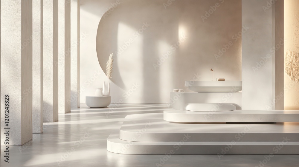 Poster minimalist white interior design with sunlight streaming through columns and arched walls, featuring