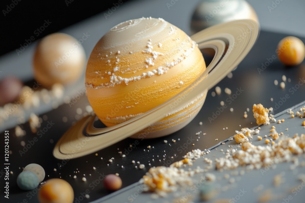 Poster a close-up shot of a scale model of the solar system, showcasing the planets in detail