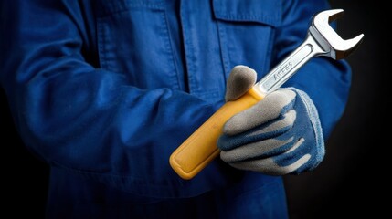 Mechanic holding wrench, dark background, repair, workshop