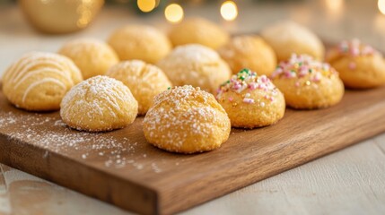 Fototapeta premium Delicious holiday cookies are beautifully displayed on a wooden board, capturing the festive spirit of the season with vibrant colors and textures