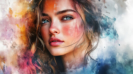 Fototapeta premium Captivating close-up of a young woman's expressive face with an artistic background