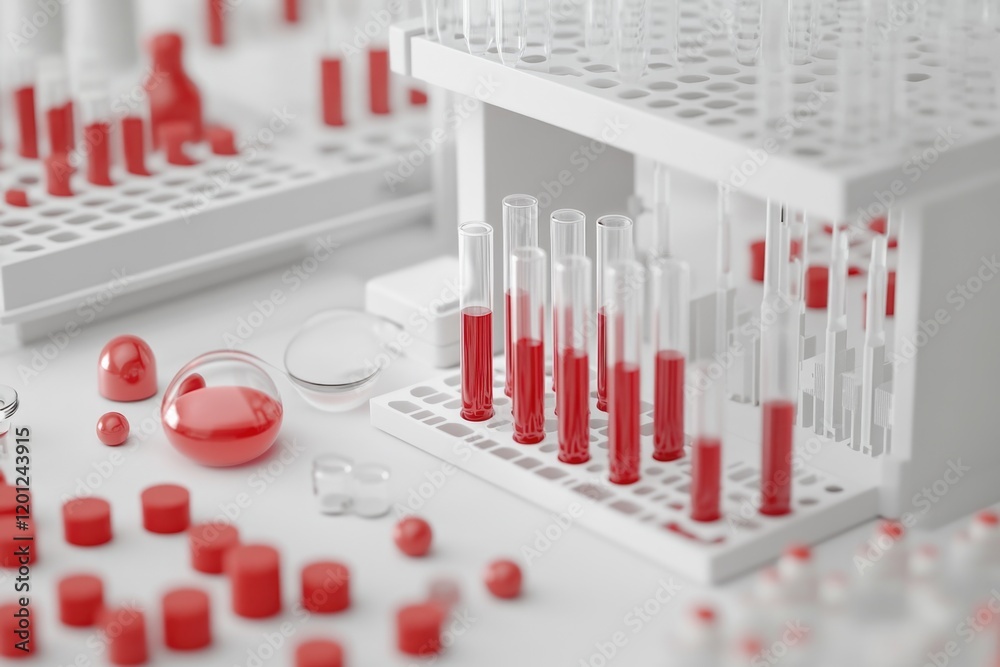 Poster a close-up shot of a laboratory table filled with various test tubes and equipment