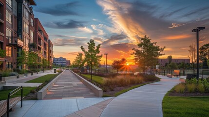 Urban Park at Sunset with Condos, Walking Path, and Dramatic Sky