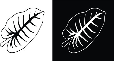 Depicts a bold outline of a stylized leaf, shown in both white and dark contrasting backgrounds. Features a clear design with a focus on simplicity, symmetry, and organic patterns.