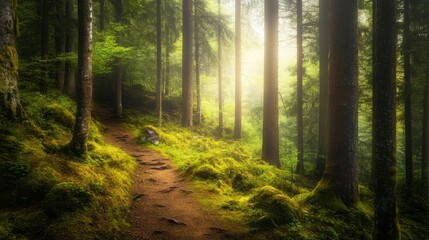 Obraz premium A Serene Pathway Through a Sunlit Misty Forest. Majestic Woodland Trail in Sunlight. A Peaceful Escape into Nature's Embrace.