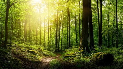 Obraz premium calm forest atmosphere, green forest floor, lush green forest scenery, sunlit woodland, forest pathway, forest depths, sunbeams through the trees, nature's embrace, forest tranquility, sunlit forest p