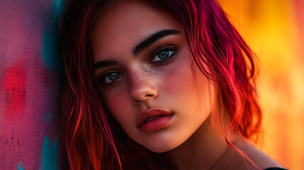 Naklejka premium Young woman with vibrant hair posing against a colorful mural background in the evening