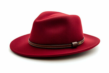 Red fedora hat with leather band and metal accents, a stylish accessory isolated on white
