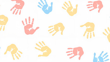 Colorful handprints pattern on white background