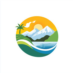 Vector illustration of sunset with palm trees, vector art, white background, circle shape, simple design, colorful, flat colors, high resolution,