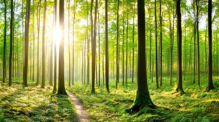 Obraz premium Serene Sunlight Drenched Forest Path - A Peaceful Woodland Escape