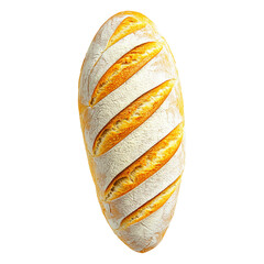 A fresh loaf of white bread showing its golden crust and soft interior, isolated on white transparent background.