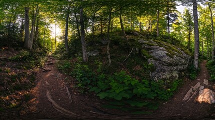 Obraz premium Serene Forest Pathway: A Sunlit Woodland Trail Through Lush Greenery and Majestic Rocks