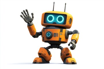 Cartoon style orange robot waving cheerfully with its hand raised, set against a clean white background, exuding a friendly and futuristic vibe