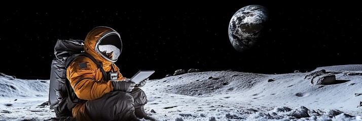 Astronaut Exploring the Lunar Surface, Contemplating Distant Earth in a Moment of Awe