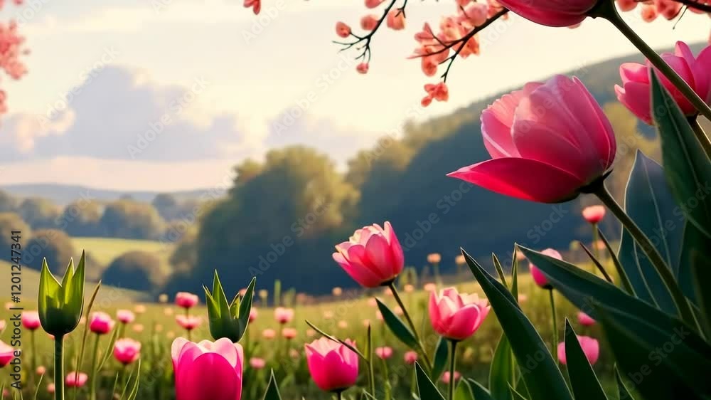 Poster a beautiful field of pink flowers with a pink tulip in the foreground. the flowers are scattered thr