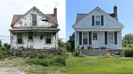 Old house restoration before and after images showcasing renovation from a weathered, abandoned building to a refreshed residence. Generative AI