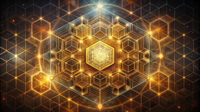 Golden sacred geometry hexagonal background for spiritual designs, presentations, meditation visuals, and esoteric content