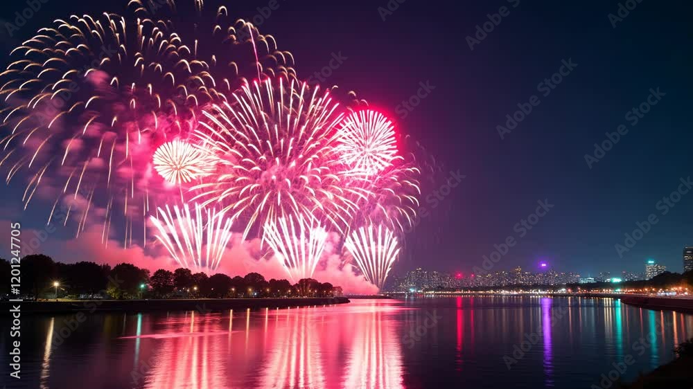 Poster a fireworks display is lit up in the night sky over a city. the fireworks are in the air and are lit
