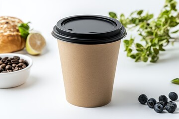 Kraft paper coffee cup with black lid, coffee beans, blueberries, and lemon.