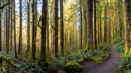 Obraz premium Serene Forest Path: Sunlight Dappling Through Moss-Covered Trees, A Tranquil Woodland Scene
