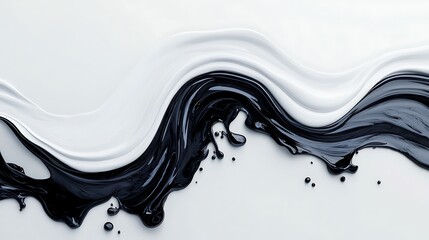 A flowing mixture of black and white paint creates an artistic contrast with smooth curves and textures, showcasing a minimalist design.