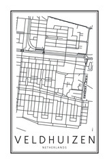 Printable downtown road map poster of the Dutch city of VELDHUIZEN on solid white background with city name