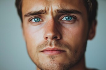 Fototapeta premium Close up portrait of a sad young man with blue eyes, a tear rolling down his cheek, expressing feelings of sorrow and grief