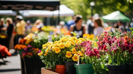 Outdoor Farmers Market with Yellow and Pink Flowers and Blurred People