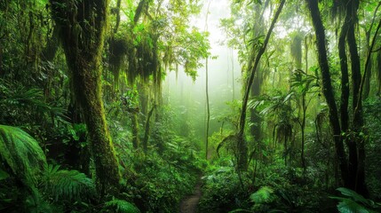 Fototapeta premium Majestic Rainforest Pathway: Lush Green Foliage and Misty Atmosphere