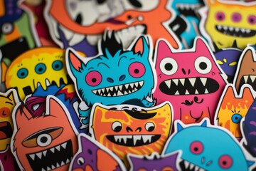 Fototapeta premium Many colorful and funny monster stickers with sharp teeth are showing different expressions and emotions