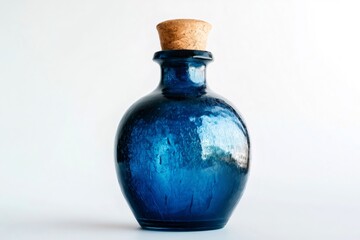 Studio shot of a blue glass bottle with cork stopper on a white background, creating a simple yet elegant composition