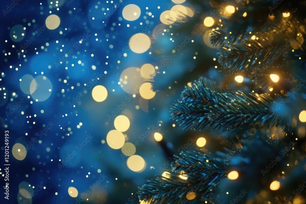Poster Close up view of a Christmas tree with lit lights in the background