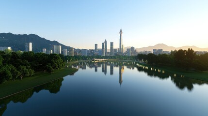 Obraz premium City Skyline Reflected in Calm Lake