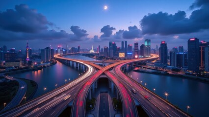 Fototapeta premium Sunset paints the city skyline in golden hues, framed by vast waters. Deep-blue skies dance with large cumulus clouds, casting dramatic shadows over the tranquil scene