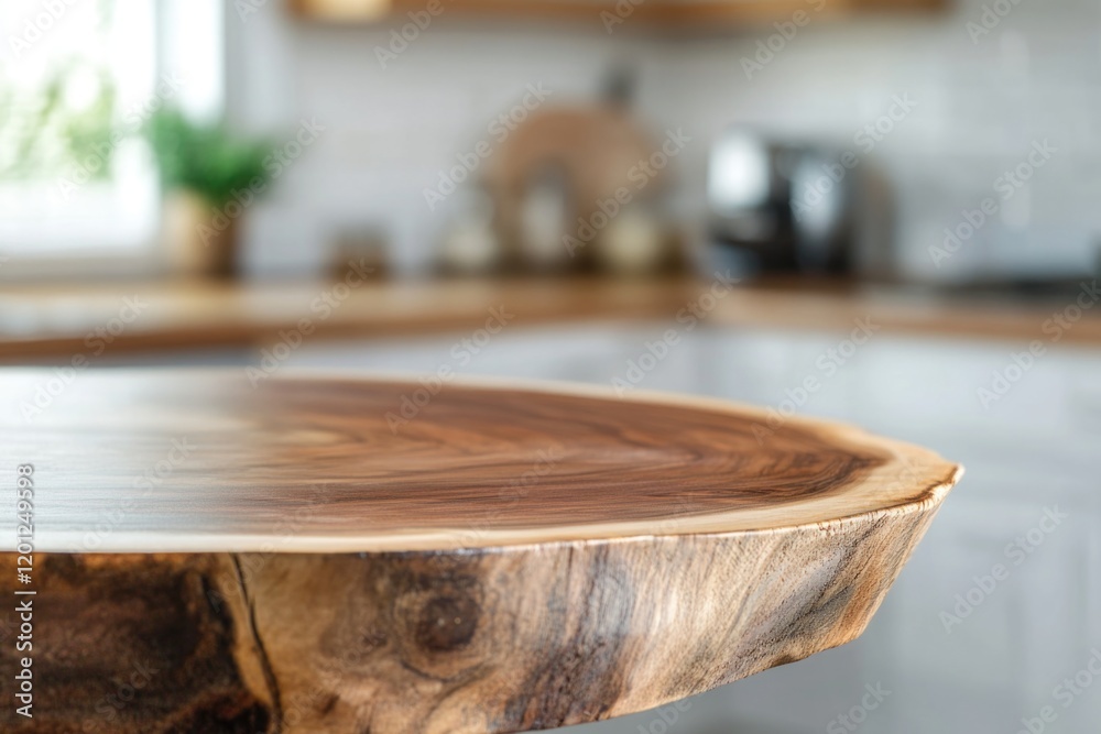 Poster a close-up view of a wooden table in a kitchen setting