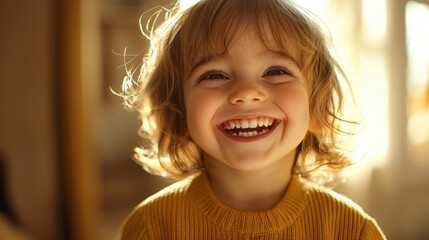 Radiant joy, a child's bright smile in sunlight. Warm yellow sweater. Captured emotions Generated AI