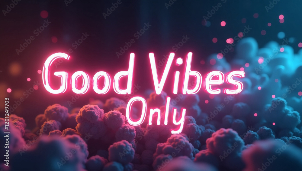 Fototapete glowing neon text effect featuring 'good vibes only' typography