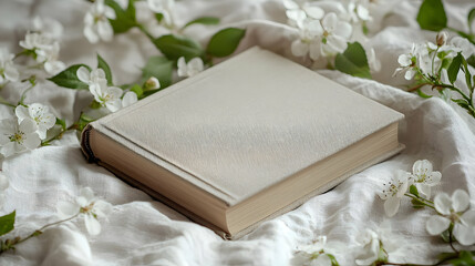 Fototapeta premium A closed book mockup placed on a soft linen surface, surrounded by delicate white flowers, perfect for design or publishing projects.