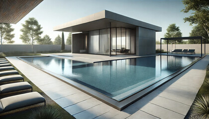 Fototapeta premium A large pool with a house in the background. The pool is surrounded by a white fence. There are several lounge chairs around the pool