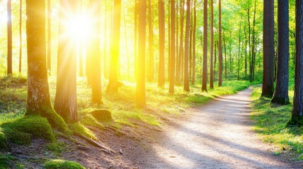 Obraz premium Serene Sunlight Path Through Lush Green Forest: A Peaceful Nature Escape