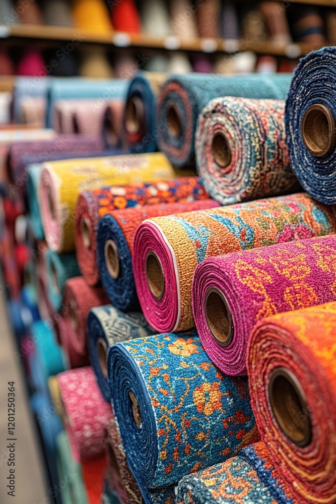Poster a collection of fabric rolls stacked on a shelf