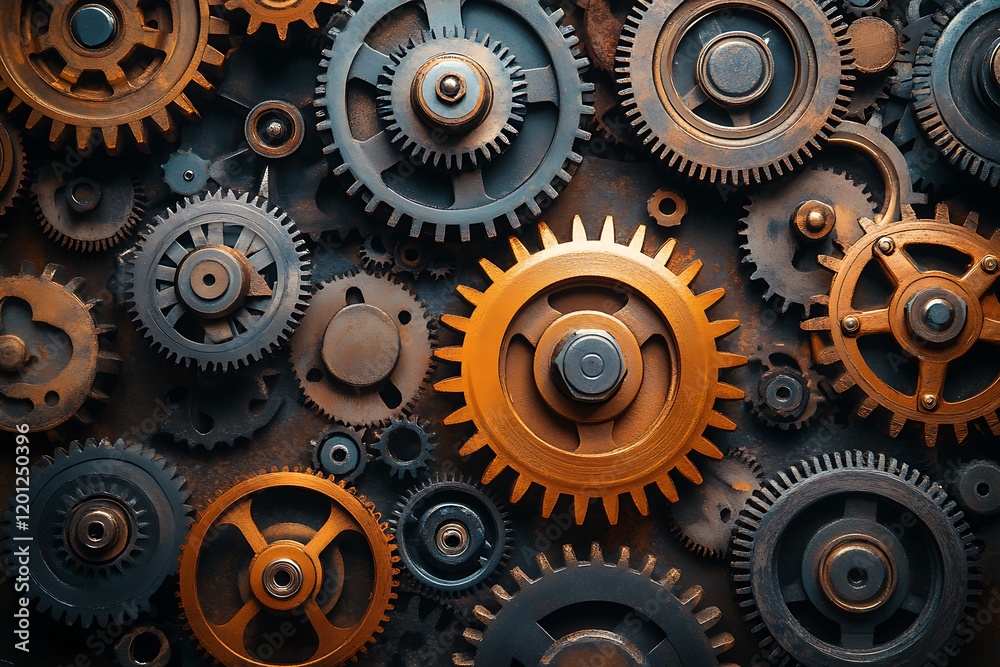 Wall mural intricate clockwork mechanism with interlocking gears of bronze and copper in a steampunk style.